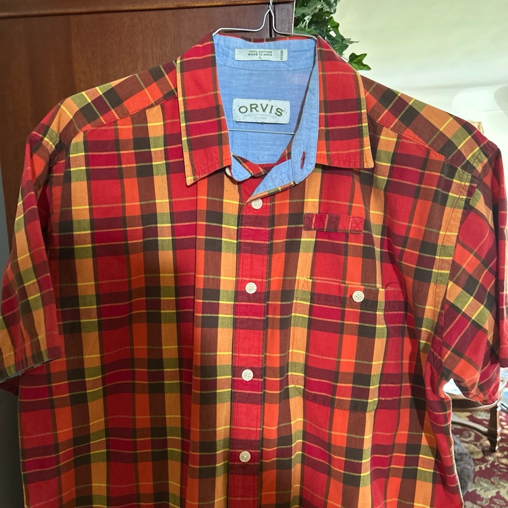 Orvis Red, Yellow and Green Plaid Short-Sleeve Button-Down Shirt